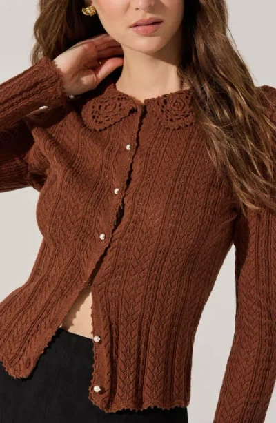 Astr Ottilie Pointelle Crochet Collar Cardigan In Brown In Brown