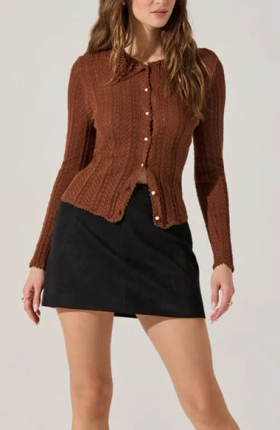Astr Ottilie Pointelle Crochet Collar Cardigan In Brown In Brown
