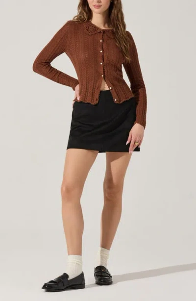 Astr Ottilie Pointelle Crochet Collar Cardigan In Brown In Brown
