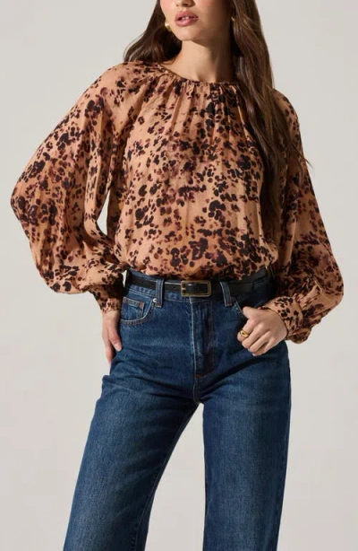 Astr Reyen Leopard Ballon Sleeve Blouse In Taupe In Brown
