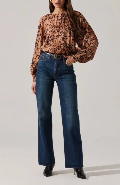Astr Reyen Leopard Ballon Sleeve Blouse In Taupe In Brown