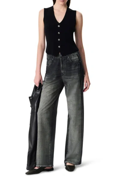 Rag & Bone Miramar Fleece Pull On Wide Leg Sweatpant Jeans In Washed Black In Blue