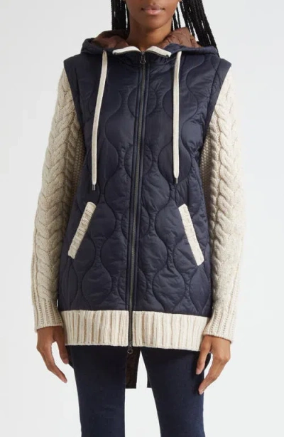 Veronica Beard Barrows Mixed Media Hooded Zip-up Jacket In Blue