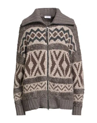 Brunello Cucinelli Cashmere Woman Cardigan Khaki Size L Cashmere, Leather, Mohair Wool, Lambswool, P In Brown