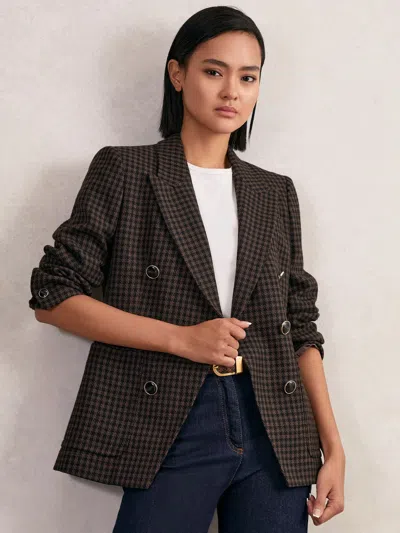 Reiss Womens Brown Check Ayla Checked Double-breasted Wool-blend Blazer In Brown