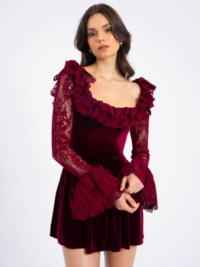 Miss Circle Women Yachira Burgundy Velvet Lace Flare Sleeve Mini Dress In Brown