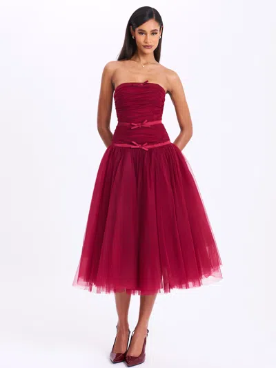 Miss Circle Women Mabel Burgundy Drop Waist Layered Mesh Midi Puffy Dress With Bow In Red