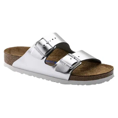 Birkenstock Arizona Double-buckle Metallic Slides In Silver