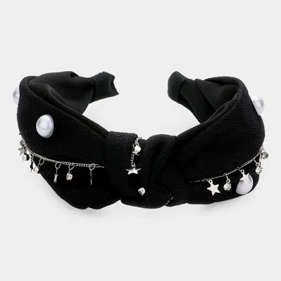 Fashnzfab Pearl Round Stone Metal Star Embellished Knot Burnout Headband In Black