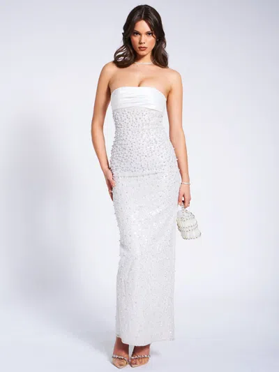 Miss Circle Women Lainey White Satin Sequin Pearls Beaded Maxi Dress In White