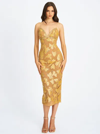 Miss Circle Women Edie Gold Beaded Sequin Midi Pencil Dress In Brown