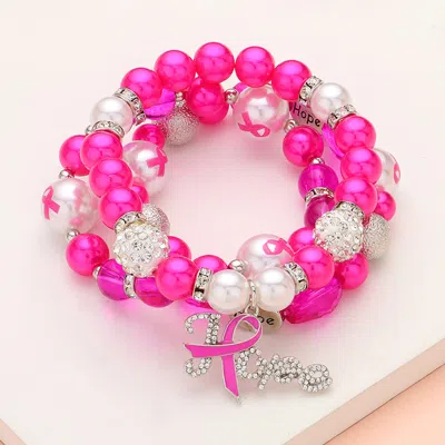 Fashnzfab 3pcs - Stone Paved Pink Ribbon Hope Message Charm Shamballa Ball Pointed Pearl Beaded Stretch Multi  In Pink