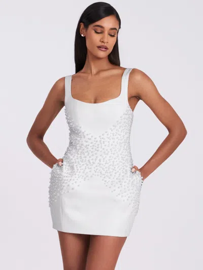 Miss Circle Women Tais Pearl Beaded Cocoon Shape Sleeveless Mini Dress In White