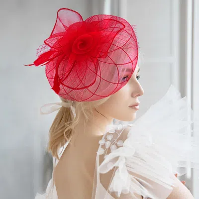 Fashnzfab Feather Mesh Flower Fascinator / Headband In Red