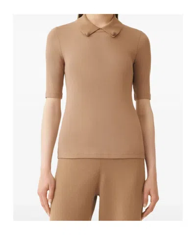 Fabiana Filippi Short Sleeve T-shirt With Knit Collar And Pins In Brown