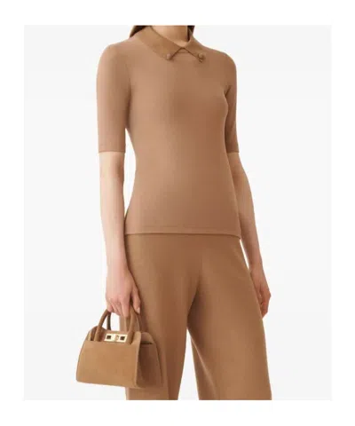 Fabiana Filippi Short Sleeve T-shirt With Knit Collar And Pins In Brown