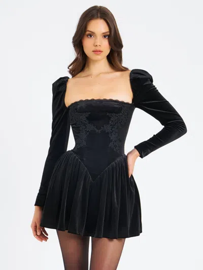 Miss Circle Women Yolanda Black Velvet Long Sleeve Mini Dress With Lace Trim In Black