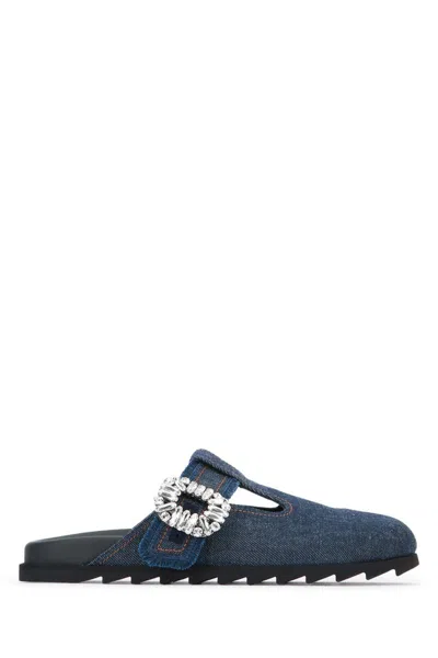 Roger Vivier Slidy Viv Embellished Denim Mules In Blue