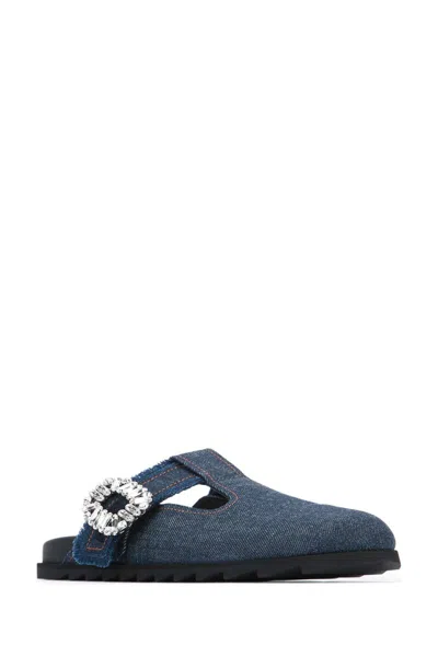 Roger Vivier Slidy Viv Embellished Denim Mules In Blue