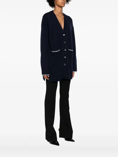 Pinko Long-sleeved Cardigan Sweater With Deep V-neck In Blue