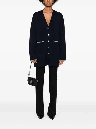 Pinko Long-sleeved Cardigan Sweater With Deep V-neck In Blue