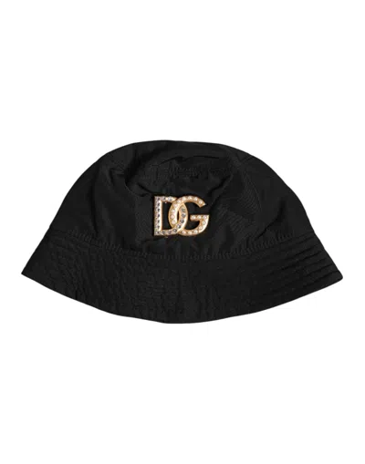 Dolce & Gabbana Black Dg Crystal Polyester Wide Brim Bucket Women's Hat In Black