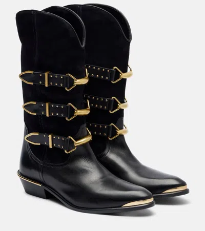 Isabel Marant Decorative Buckle Mid-calf Leather Boots In Black
