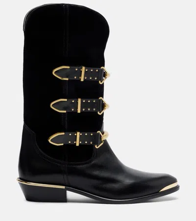 Isabel Marant Decorative Buckle Mid-calf Leather Boots In Black