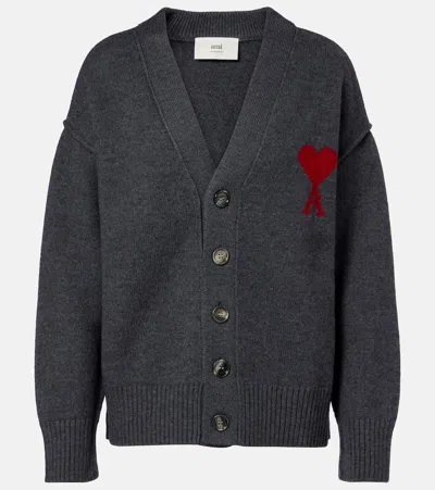 Ami Alexandre Mattiussi Cardigan With Deep V-neck And Signature Heart Emblem In Gray