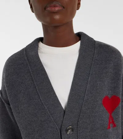 Ami Alexandre Mattiussi Cardigan With Deep V-neck And Signature Heart Emblem In Gray