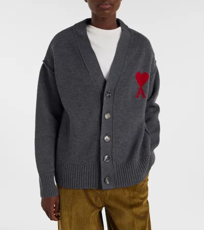 Ami Alexandre Mattiussi Cardigan With Deep V-neck And Signature Heart Emblem In Gray