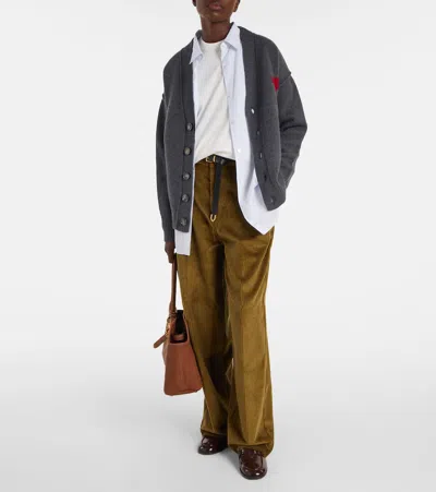Ami Alexandre Mattiussi Cardigan With Deep V-neck And Signature Heart Emblem In Gray