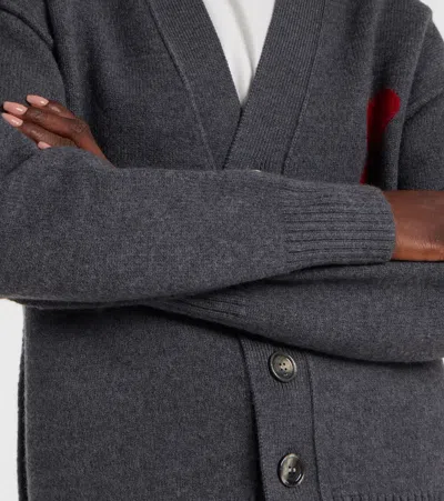 Ami Alexandre Mattiussi Cardigan With Deep V-neck And Signature Heart Emblem In Gray