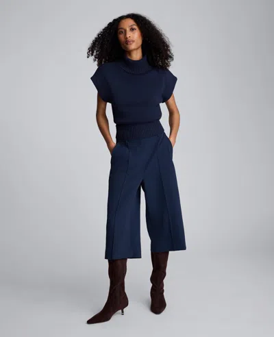 Kenneth Cole Luxe Twill Fly Front High Rise Pintuck Culotte Pant In Blue