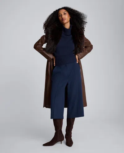 Kenneth Cole Luxe Twill Fly Front High Rise Pintuck Culotte Pant In Blue