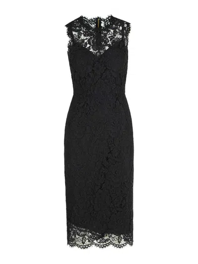 Dolce & Gabbana Logoed Stretch Lace Longuette Dress In Black