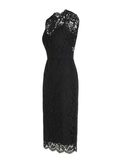 Dolce & Gabbana Logoed Stretch Lace Longuette Dress In Black