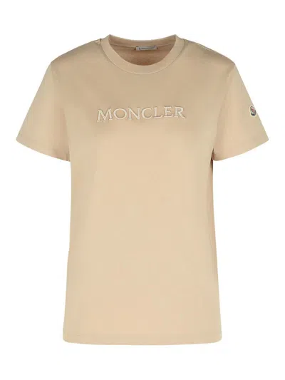 Moncler Crystal Logo Cotton T-shirt In Neutral