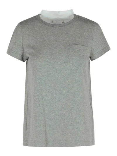 Sacai Cotton T-shirt With Pleated Back And Chest Pocket In Gray