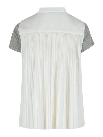 Sacai Cotton T-shirt With Pleated Back And Chest Pocket In Gray