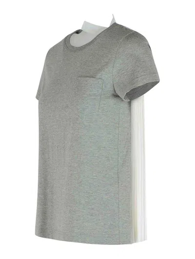 Sacai Cotton T-shirt With Pleated Back And Chest Pocket In Gray