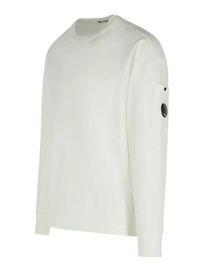 C.p. Company Long-sleeve Cotton Crew Neck Shirt With Unique Lens Pocket In White
