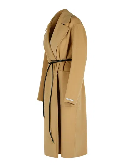 Sportmax Camel Virgin Wool Robe Coat In Brown