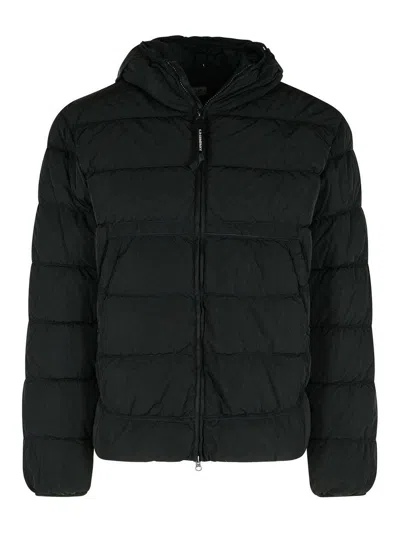 C.p. Company Men Black Down Jacket With Fixed Hood With Googles Detail In Tech Fabric Man In Black