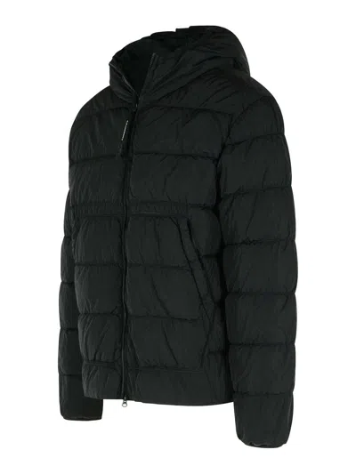 C.p. Company Men Black Down Jacket With Fixed Hood With Googles Detail In Tech Fabric Man In Black