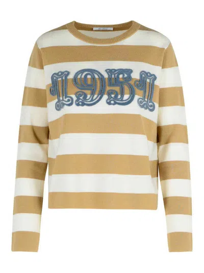 Max Mara Wool Sweater With Embroidered Stripes And Crew Neck In Sand