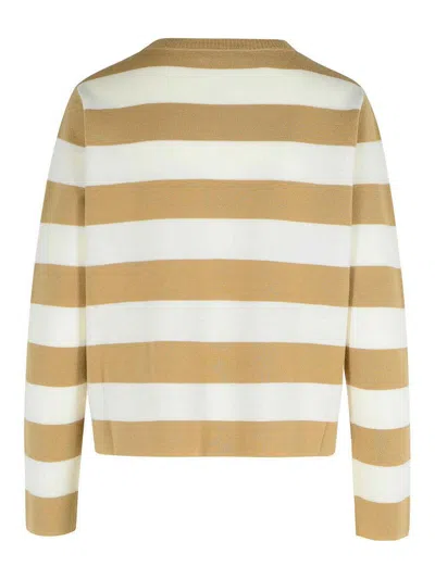 Max Mara Wool Sweater With Embroidered Stripes And Crew Neck In Sand