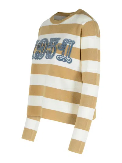 Max Mara Wool Sweater With Embroidered Stripes And Crew Neck In Sand