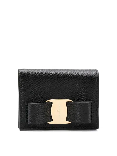 Ferragamo Card Holder With Engraved Logo In Hammered Leather Woman In Black