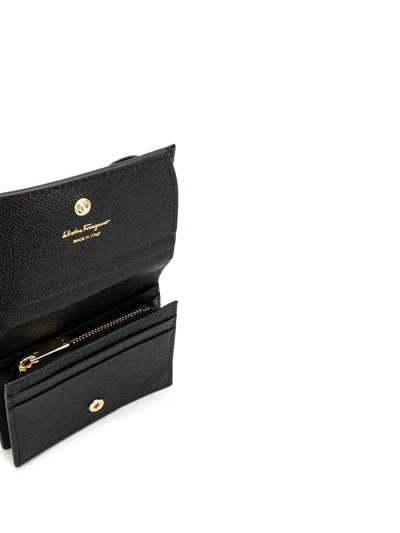 Ferragamo Card Holder With Engraved Logo In Hammered Leather Woman In Black